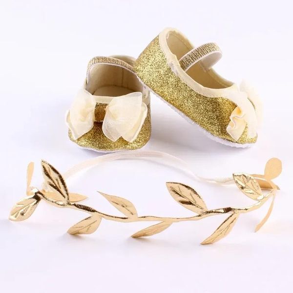 

born baby girl gold shoes flower bow toddler infant booties headband set little walker first shoe walkers