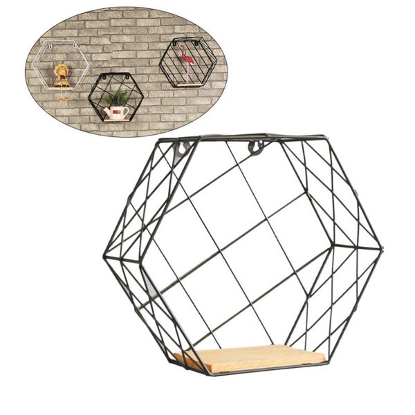 

hooks & rails iron hexagonal mesh wall storage rack metal hanging display shelf holder home bedroom decoration - size (black)