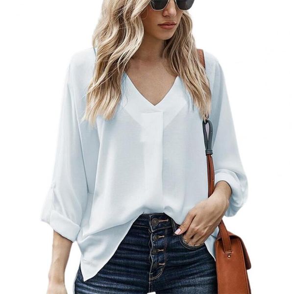 

women's blouses & shirts autumn office shirt women elegant solid color all match blouse v neck 3/4 sleeve pleated split hem streetwear, White