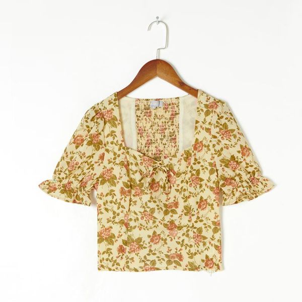 

women's blouses & shirts 2021 summer short sleeve bowknot decorated slim shirt casual flower printed square collar womens, White