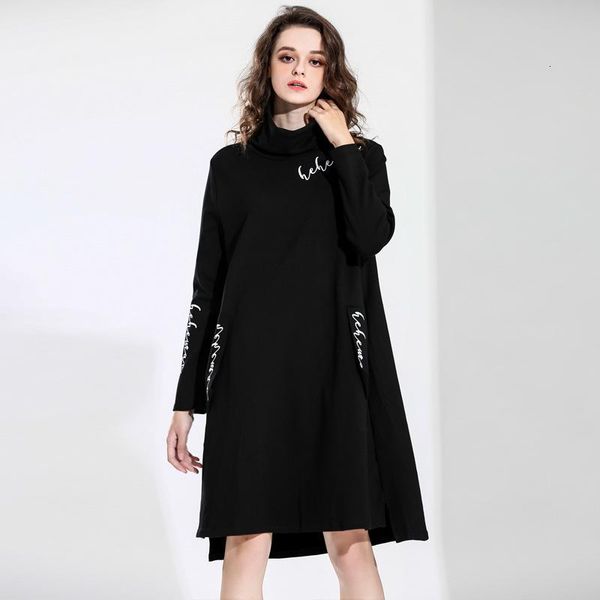 

casual dresses fashion tide autumn and winter high collar solid color printed letters in the long paragraph large size dress pb737, Black;gray