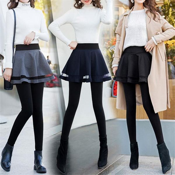 

women's leggings 2021 autumn and winter plus velvet lace skirt fake two-piece women thickened warmth thin, Black
