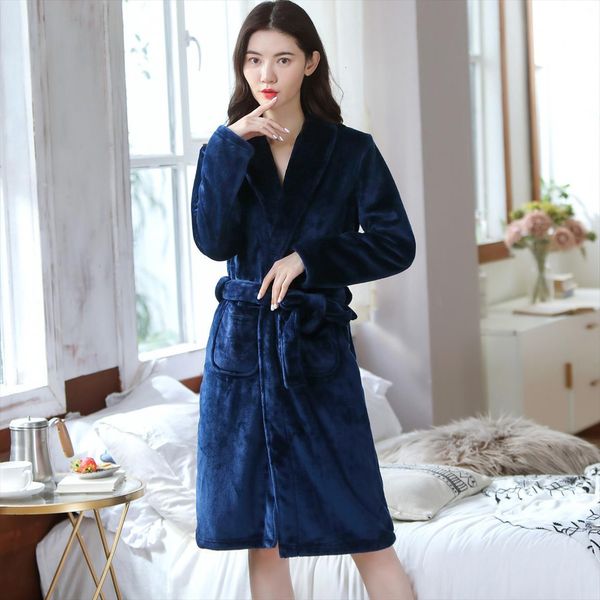 

flannel blue bath robe womens sleepwears autumn winter solid plush couple bathrobe thicken warm female dropshipping, Black;red