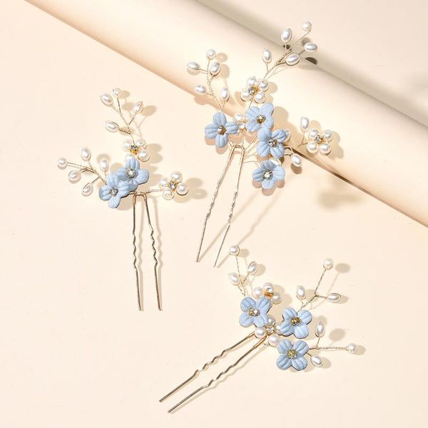 

hair clips 3pcs blue flower u shaped pins pearl elegant headwear for wedding bridal women jewelry accessories to