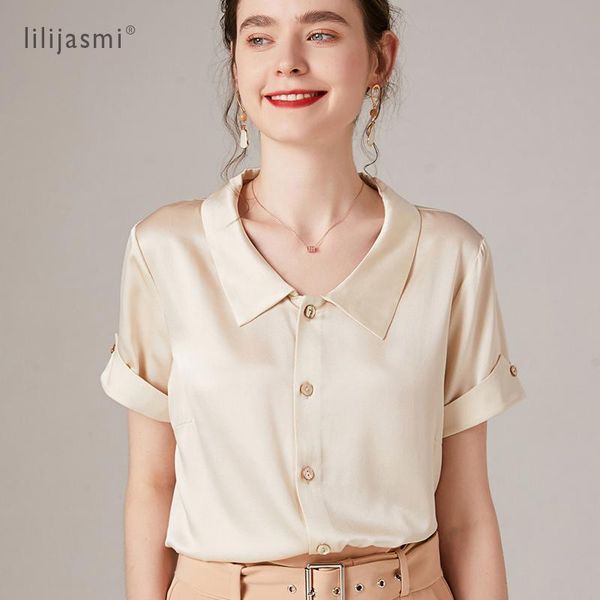 

women's blouses & shirts 2021 silky feeling women satin shirt short slevve summer narrow lapel cool simple tees lady must have cozy com, White