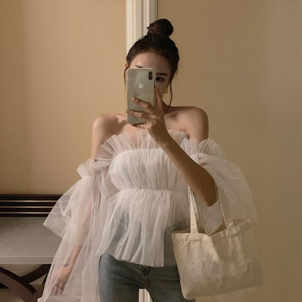 

ruffles mesh summer women shirts off shoulder backless korea female xt03, White