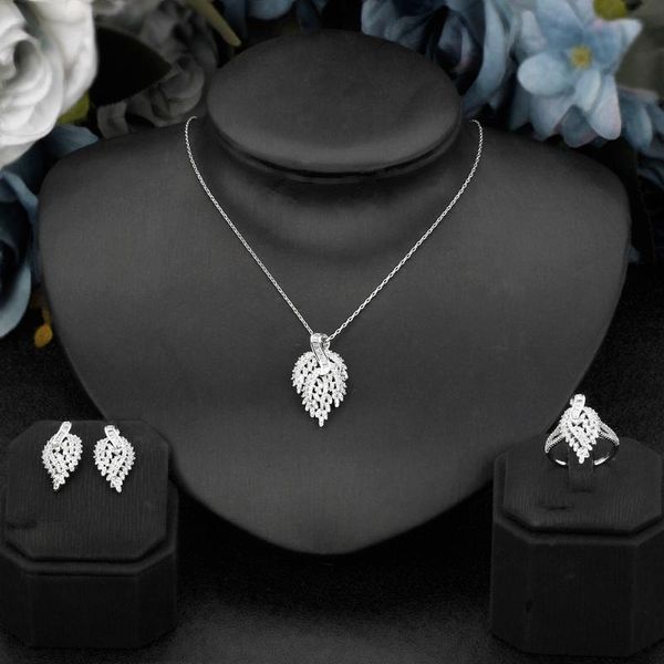 

earrings & necklace cubic zirconia 3pcs ring earring set for women wedding party + cz nigeria dubai bridal jewelry bijoux, Silver