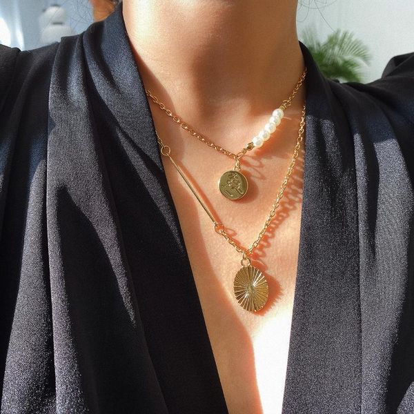 

pendant necklaces white beads simulated pearl coin choker necklace for women long gold color chain, Silver