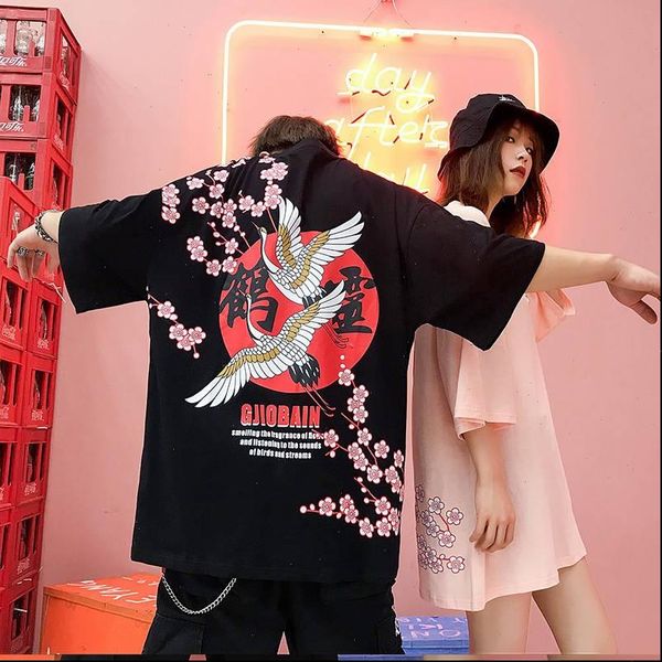

women t shirts harajuku black pink couples shirt clothes crane printing summer hip hop streetwear tees oversize, White
