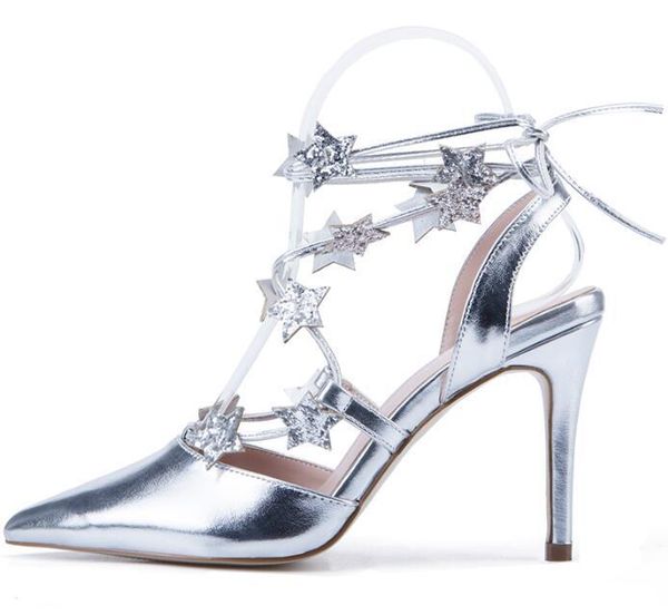 

carole levy super high pointed toe woman shoes silver leather crystal embellished stars lace-up heel wedding shoe dress, Black