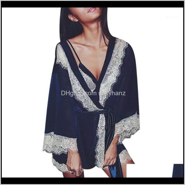 

womens women bathrobe sets satin silk kimono lace lingerie female sleepwear ladies twopiece fancy robe nightgown suit tenu1 p9old 0qqdo, Black;red
