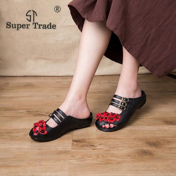 

slippers summer ladies genuine leather round toe flats shoes women casual buckle strap flip flops sandalias woman, Black