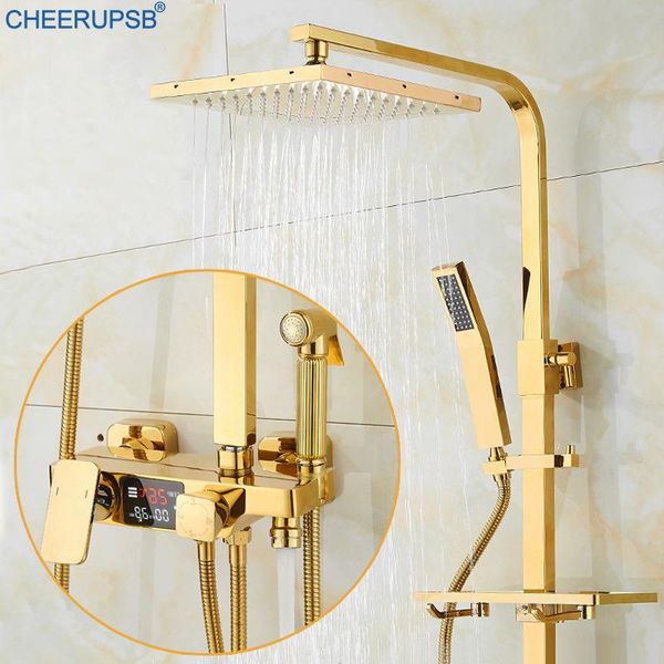 

gold shower set bathroom digital dispay faucet cold mixer bath tap square bathtub thermostatic spa rainfall system sets