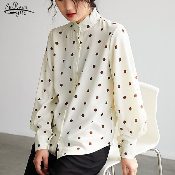 

polka dot long sleeve chiffon women's blouse and 19 autumn streetwear stand collar lantern shirt blusas 6048 50 210508, White