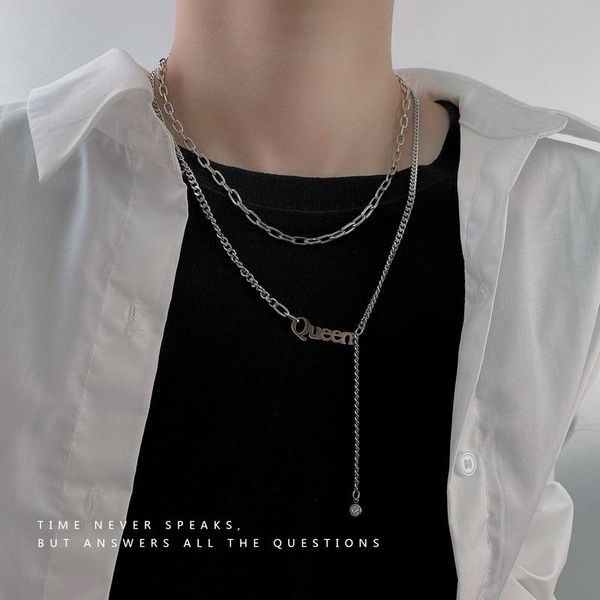 

chains queen girl necklaces hollow necklace woman layered clavicle chain light luxury silver color hip hop european stainless naszyjnik