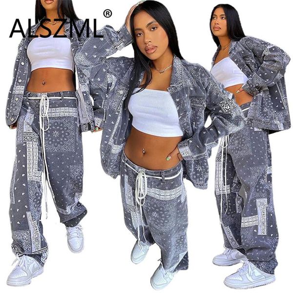 

women's two piece pants women long-sleeved cardigan jacket with wide-leg street fashion grey printed trousers set for autumn and winter, White