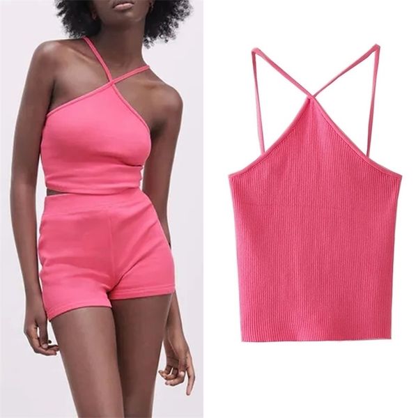 

traf za black halter female knitted basic crop women pink backless tank s summer corset ribbeer tanks camis 210705, White
