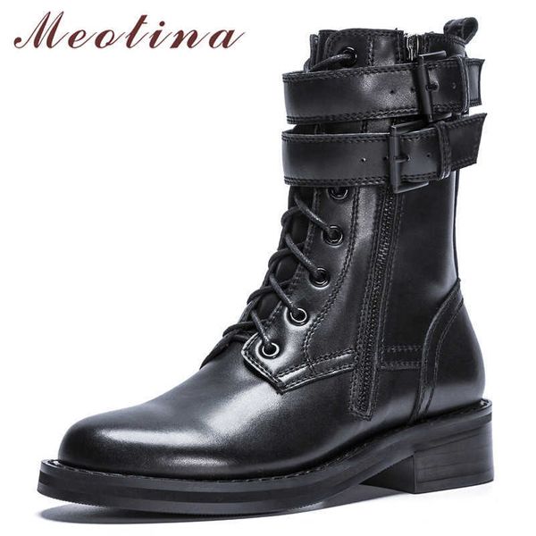 

meotina autumn motorcycle boots women natural genuine leather buckle thick heels ankle boots zip round toe shoes lady size 34-40 210608, Black