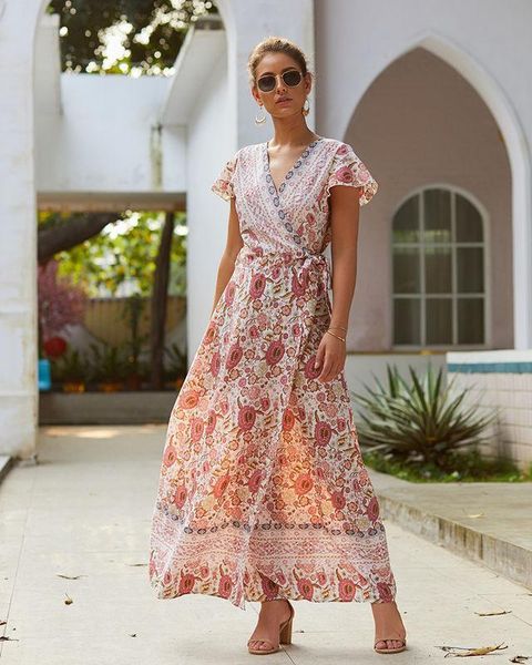 

Women Beauty Vestidos Floral Maxi Dress Boho Casual Long Chiffon Summer Beach Dress Sexy V-neck Split, Blue