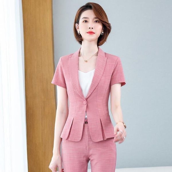 

two piece dress novelty pink summer short sleeve formal women business suits professional ladies office work wear blazers set pantsuits, White