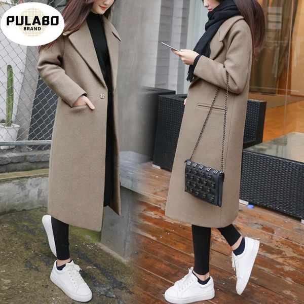 

long woolen coat women autumn winter work solid vintage office sleeve button jacket 2021 women's wool & blends, Black