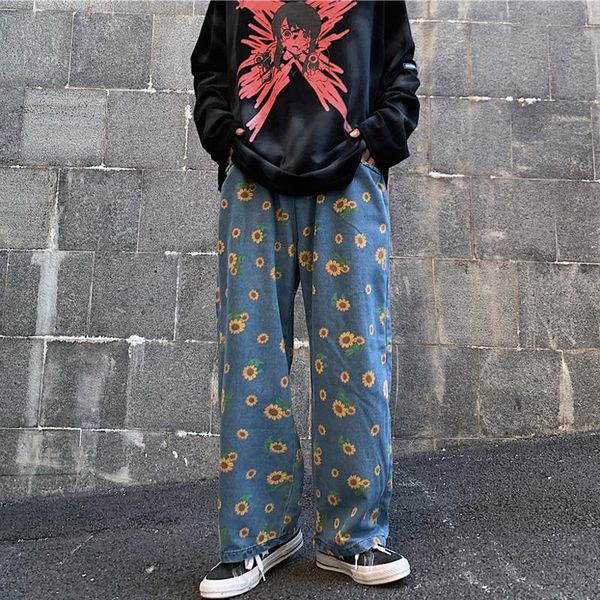 

jeans for women high street style pants vintage daisy print loose stretch waist cotton harajuku man women's, Blue