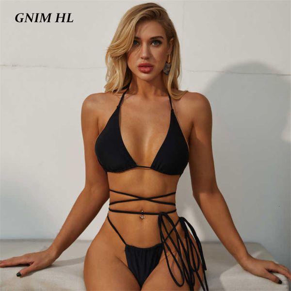 

gnim solid black swimsuit female two piece bandage bikini mujer backless thong swimwear women summer beachwear biquini, White;black