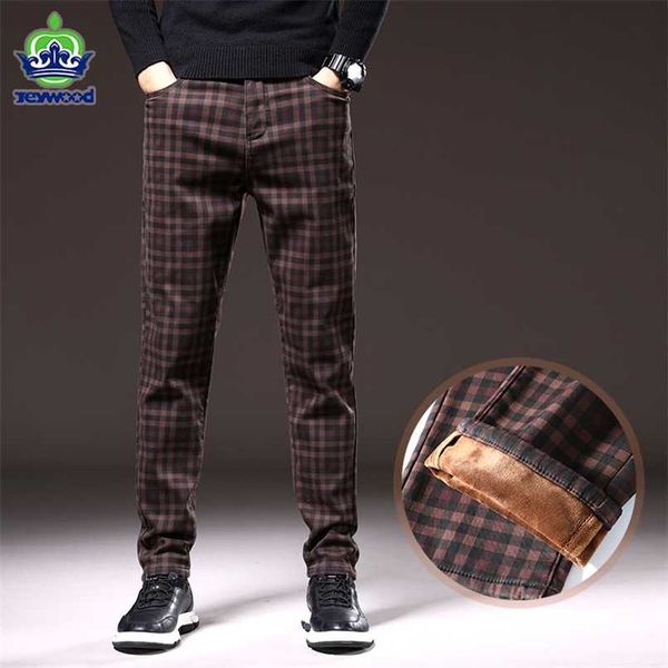

winter men's plaid warm fleece pants 98%cotton stretch classic clothing fashion slim fit casual trousers plus size 211119, Black