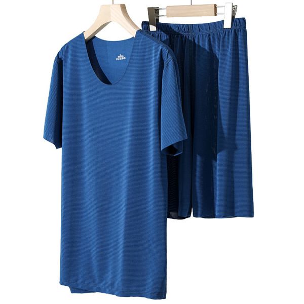 

striped mens sleepwear sets thin breathable quick dry pajamas short sleeve 2 pcs o-neck t shirt casual summer men 210524, Black;brown