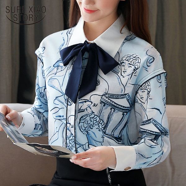 

fashion korean clothing elegant ol vintage bow chiffon blouse women spring long sleeve print shirt blusas 8388 50 210415, White