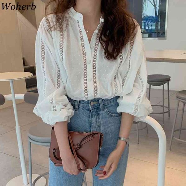

woherb elegant hollow out lace shirt women causal white blouse long sleeve shirt female korean ladies office loose blusas 210410