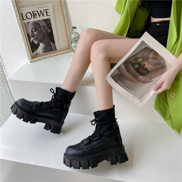 

children 2021 early autumn thick soled elastic thin sho motorcycle small short british martin boots, Black