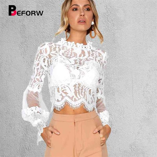 

beforw women blouses lace perspective stand neck long sleeve solid blouse women clothing fashion slim shirt female 210401, White