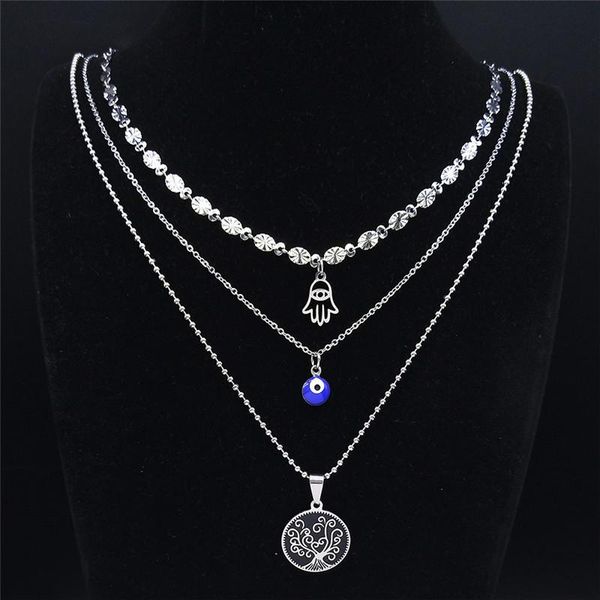 

pendant necklaces 3pcs stainlessÂ steel islam hamsa hand eye layered necklace silver color tree of life jewelry mano de fatima nxs04