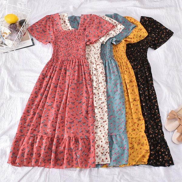 

casual dresses summer 2021women bohemian dress elegant retro square collar floral corset look thin ruffle stitching, Black;gray
