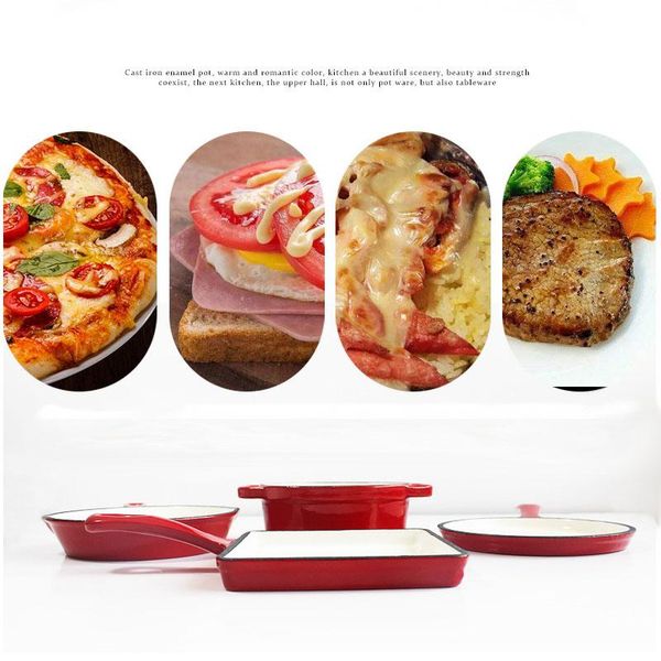 

mini red enamel frying pan cast iron flat-bottomed tableware utensils cookware 4pcs set pans