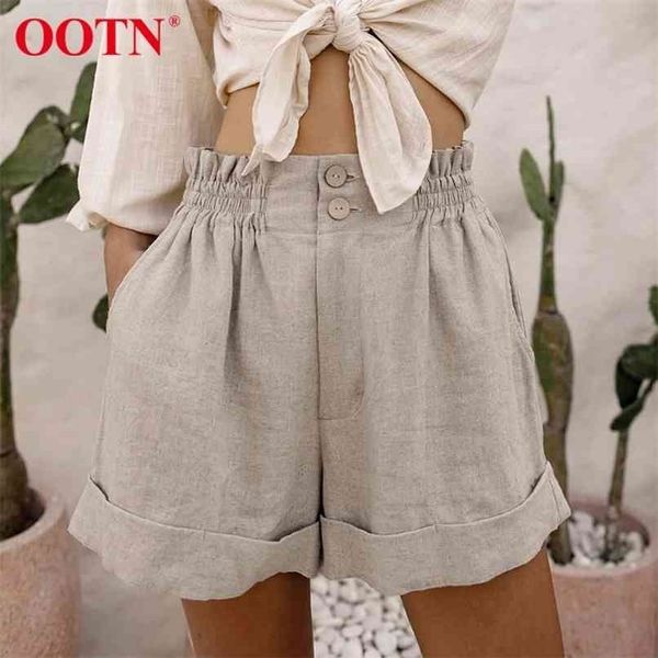

ootn cotton linen women shorts high waist beige brief casual ruffle wide leg summer beach vacation fashion buttons 210724, White;black