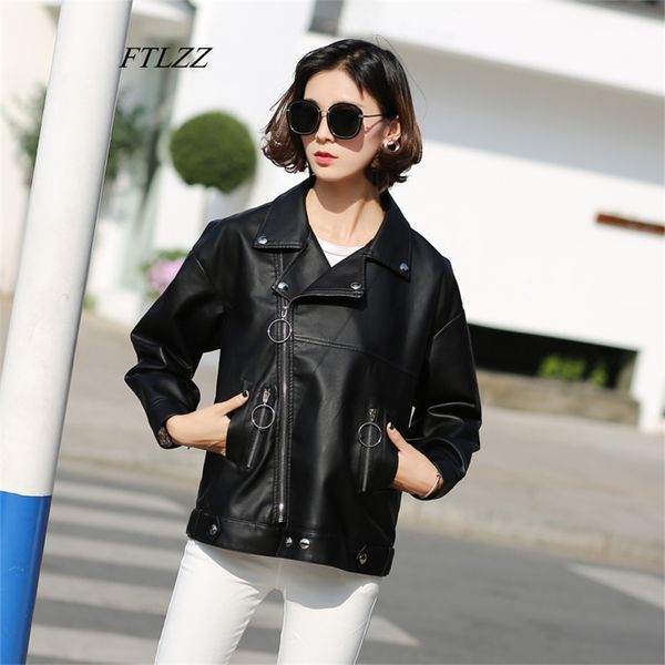 

autumn women pu faux soft leather loose jacket black punk turndown collar motorcycle zipper rivet overcoat 210430