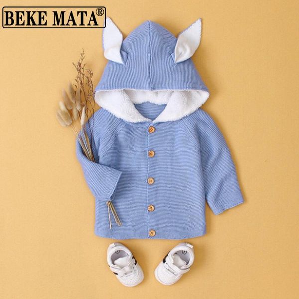 

pullover knitted baby girl sweater hooded 2021 auutmn winter cartoon toddler clothes long sleeve fleece infant clothing, Blue