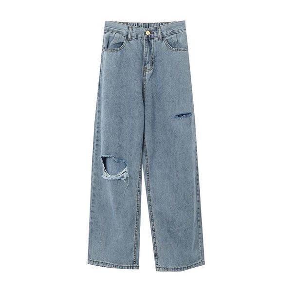 

women's jeans vintage ripped straight for women hole jean female denim pencil pants streetwear boyfriend loose wide-leg pantsfc277, Blue