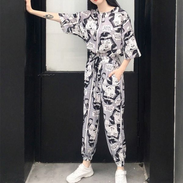 Мультфильм напечатанный Harajuku Женщины 2 шт. Set Tracksuits Короткие рукава Футболка Топы длинные щипы 2021 летние Корейский костюм костюм Hip Hop X0428