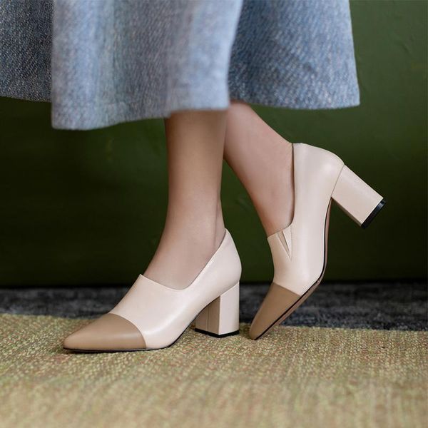 

women shoes natural leather pumps 22-24.5cm spring and summer cowhide sheepskin insole korean pointed toe thick heel dress, Black