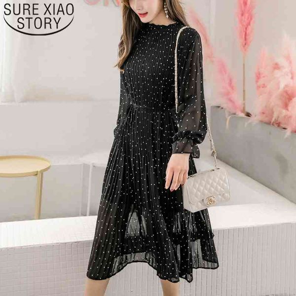 Frühling Koreanische Mode Schwarz Vintage Kleidung Dame Lange Chiffon Kleid Frauen Lange Ärmeln Polka Dot Plissee Kleid 3670 50 210528