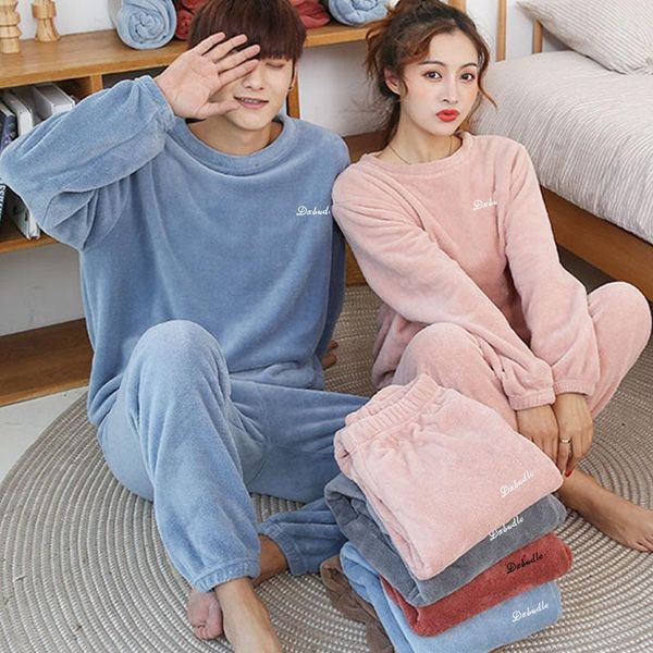 

men's sleepwear two piece set lovers warm pajamas flannel pyjamas shirt&pants casual coral fleece nightwear lingerie home clothes, Black;brown