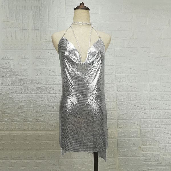 

2021 new metal halter night club summer deep v-neck dress women beach dress sequin mini club party dresses vestidos, Black;gray