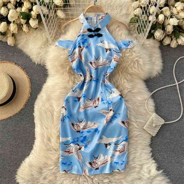 

spring retro improved cheongsam vestidos female round neck strapless crane print waist mini dress c556 210506, Black;gray