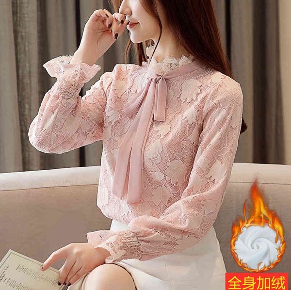 

camisas mujer autumn winter ruffled blouses female bow shirt plus velvet lace long sleeve blouse shirts vintage 836c 210420, White