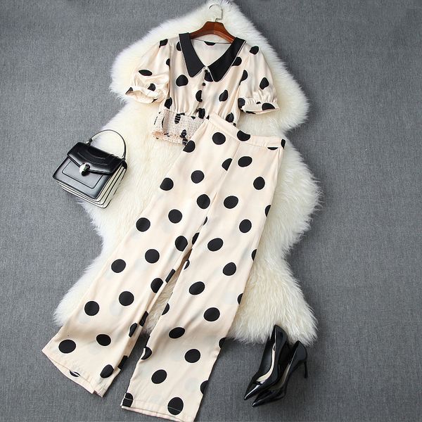 

dress european and american women's wear summer style polka dot shirt with short sleeves wide-legged pants fashion suits 5i6r, White
