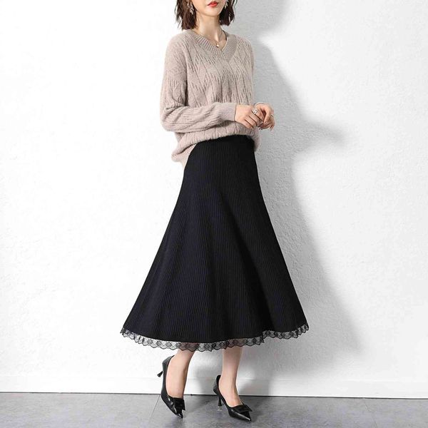

skirts autumn/winter skirt women high waist a-line womens casual solid lace elegant femme quality streetwear 363a, Black