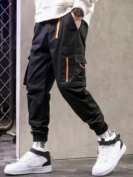 

men zip detail flap pocket side pants 08xw#, Black